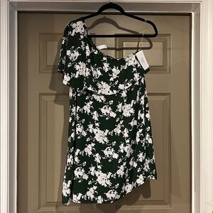 Elegant One Shoulder Floral Dress - Green and White